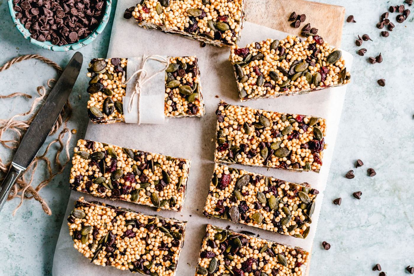 Granola bars with seeds and chocolate chips, seen from above